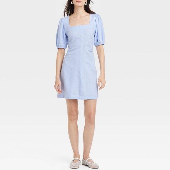 🆕 a new day Plus 16 XL Dress Light Sky Blue Puff Sleeves Linen Blend NWT NEW - Picture 1 of 4